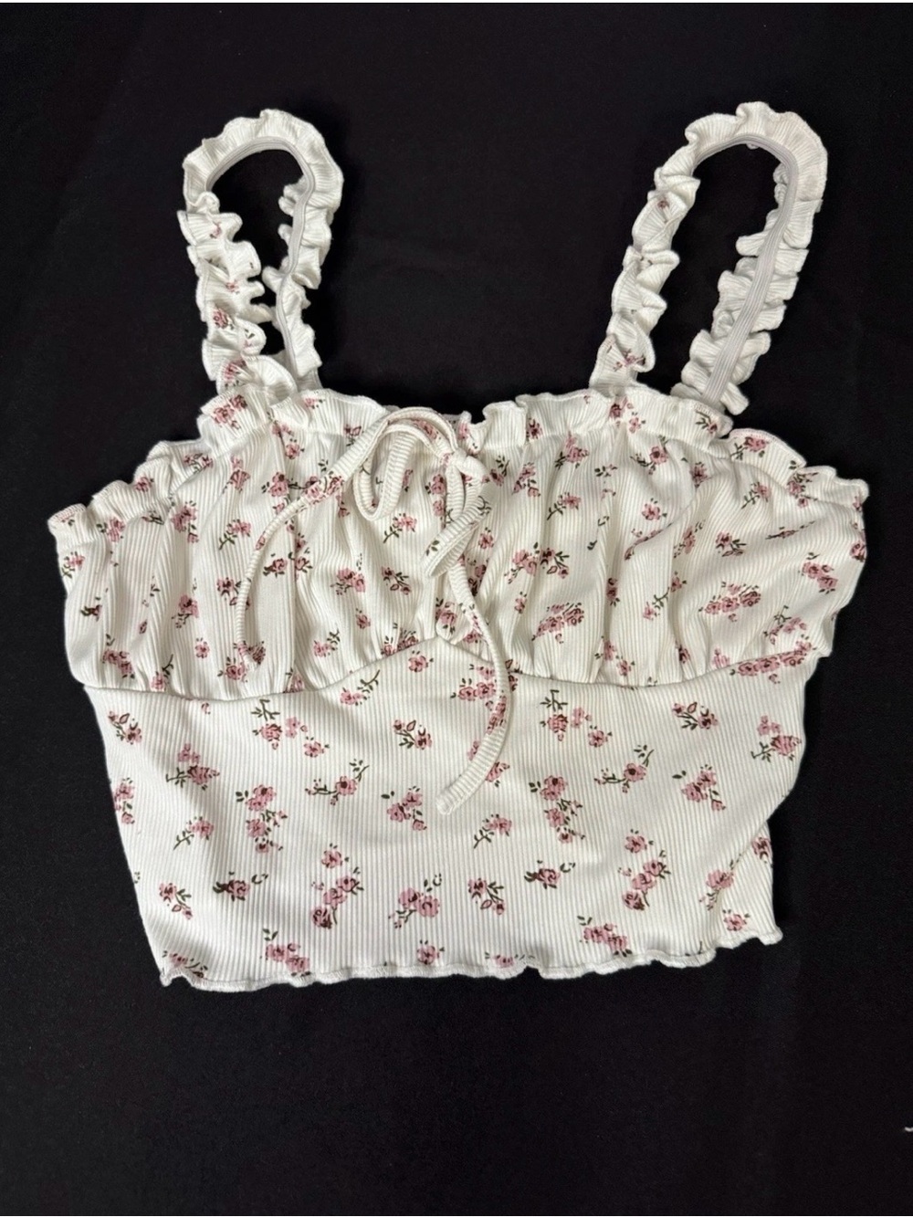 SHEIN Petite XS Floral Ribbed Baby Tank Crop Top Pink White Ruched